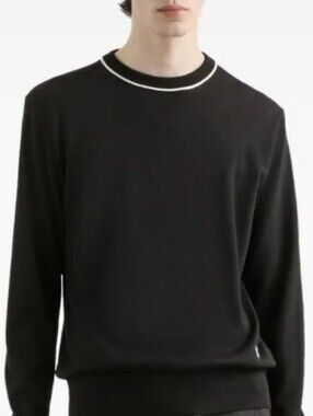BooHooMan Crewneck Sweater, Size L, Black Knit, White accent on Collar